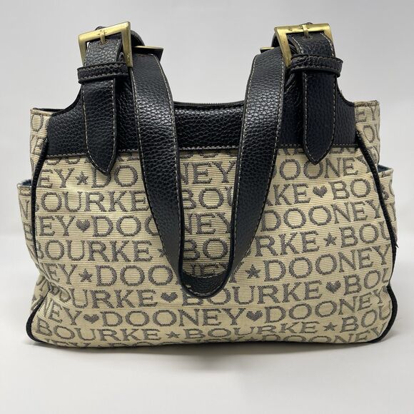 Dooney Bourke Tote Bag Tan Canvas  Black Lettering Leather Handbag Adjustable - Picture 4 of 14